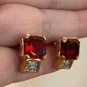Gold Tone Stud Earrings with Red & Clear Glass Crystals
